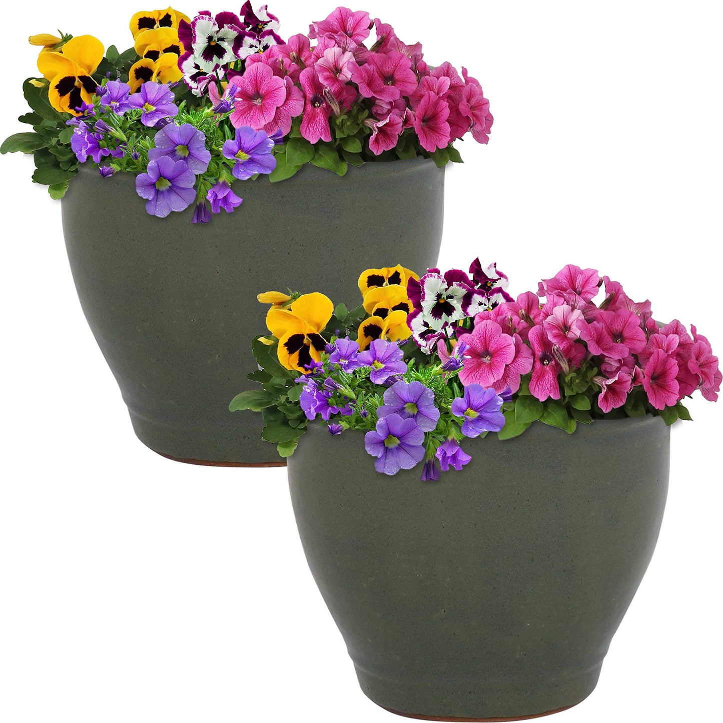 Sunnydaze Round Ceramic Planter - Set of 2 Indoor or Outdoor Plant Pots with Drainage Hole - Studio - 9" - Gray Glaze