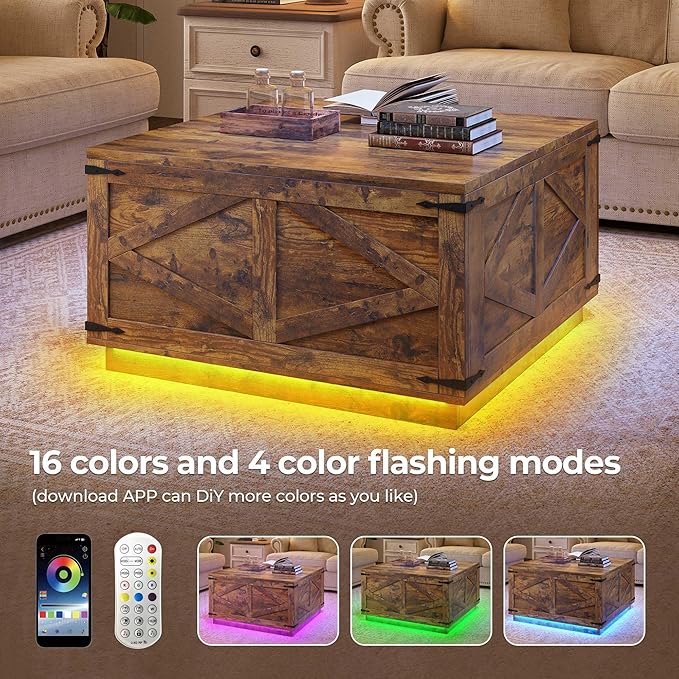 Jocoevol Farmhouse Lift Top Coffee Table, Square Wood Center Table with LED Lighting, USB-C Charging Station, and Hidden Storage Compartment - Rustic Brown Living Room Furniture