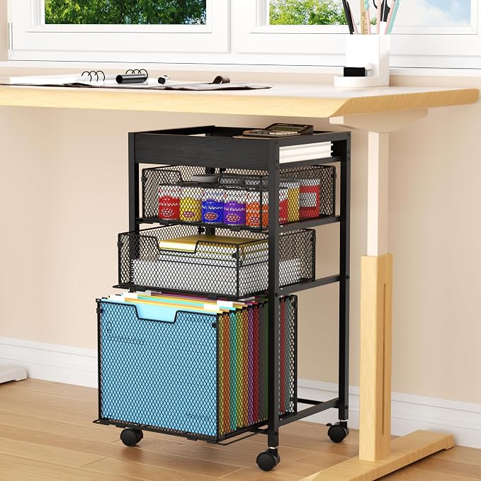 SWTYMIKI Rolling File Cart with Drawers - 4 Tier Under Desk Storage Craft Rolling Organizer Cart - Office Storage &Organization, Mobile Metal Filing Cabinet for Office and Home Black