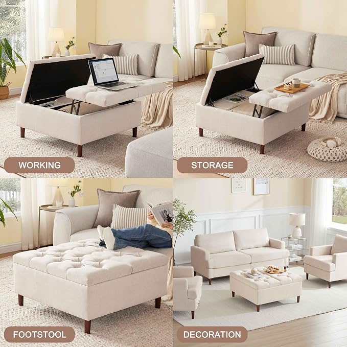 Weture 35 Inch Extra Large Storage Ottoman Coffee Table, No Assembly Required, Oversized Square Ottoman with Storage, Tufted Upholstered Ottomans Coffee Table for Living Room (Fabric, Beige)