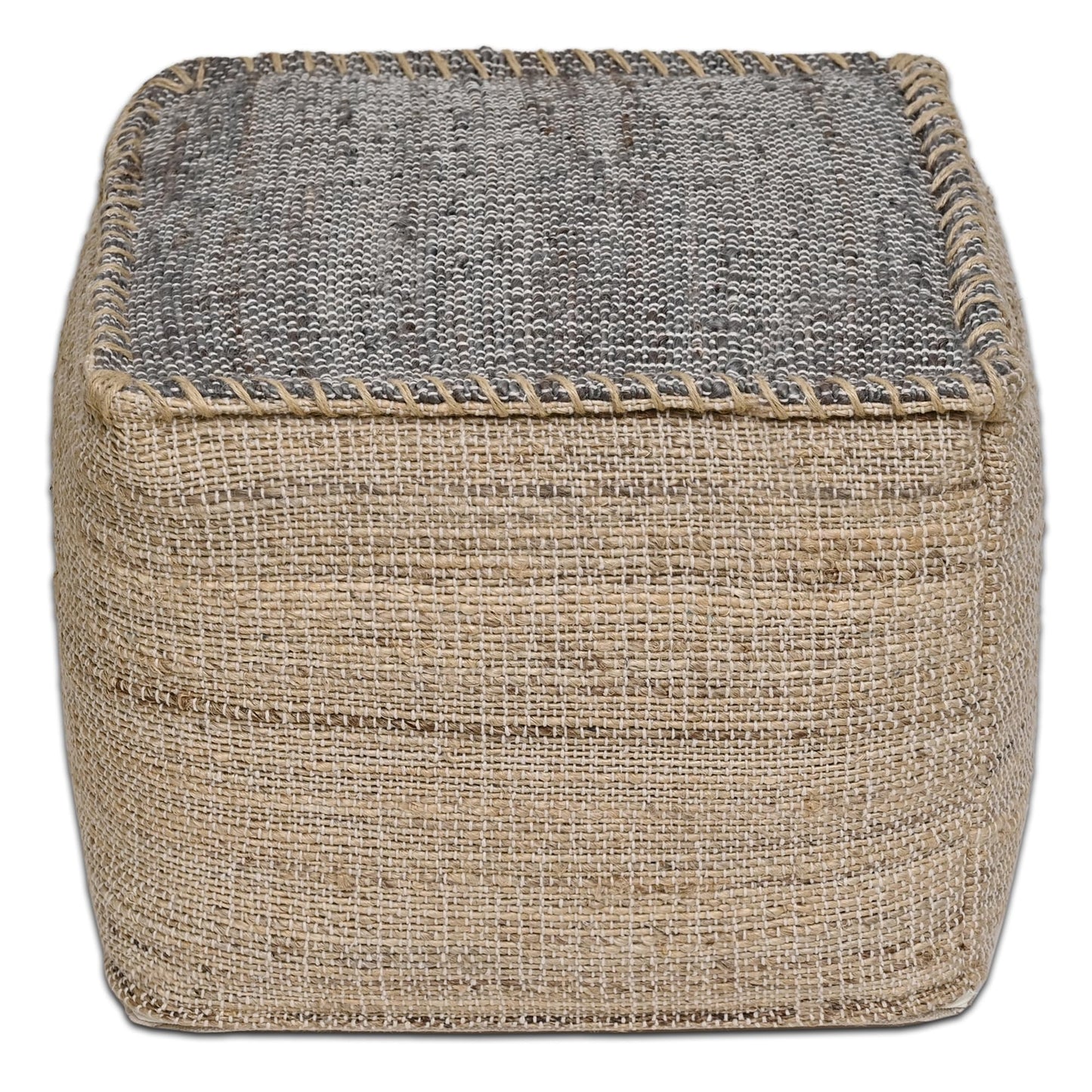 Ash Grey Jute Pouf Ottoman 18x18x14 Inch Handmade Braided Natural Jute & Cotton Floor Pouf, Boho Footstool for Living Room, Bedroom, Extra Seating & Décor