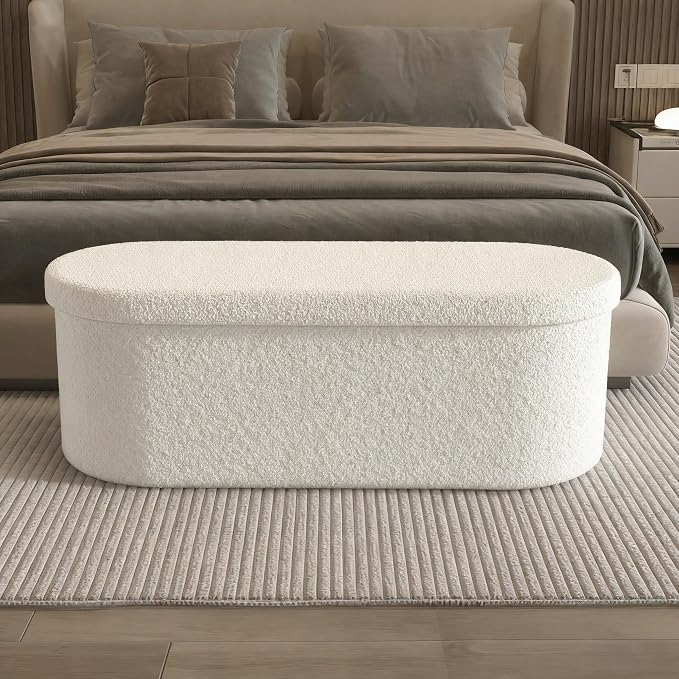 GLAXYFUR Oval Storage Ottoman Bench, Sherpa Foot Rest, 43 Inch Folding Chest for Living Room, Bedroom (Beige)