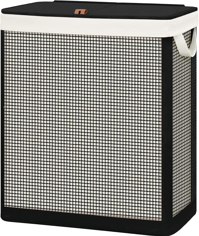 STO STO Double Laundry Hamper with Lid, 140L Large 2 Section Laundry Sorter, Laundry Basket with Removable Washable Canvas Liner Bag, Breathable Clothes Hamper for Bedroom Bathroom Laundry Room Closet
