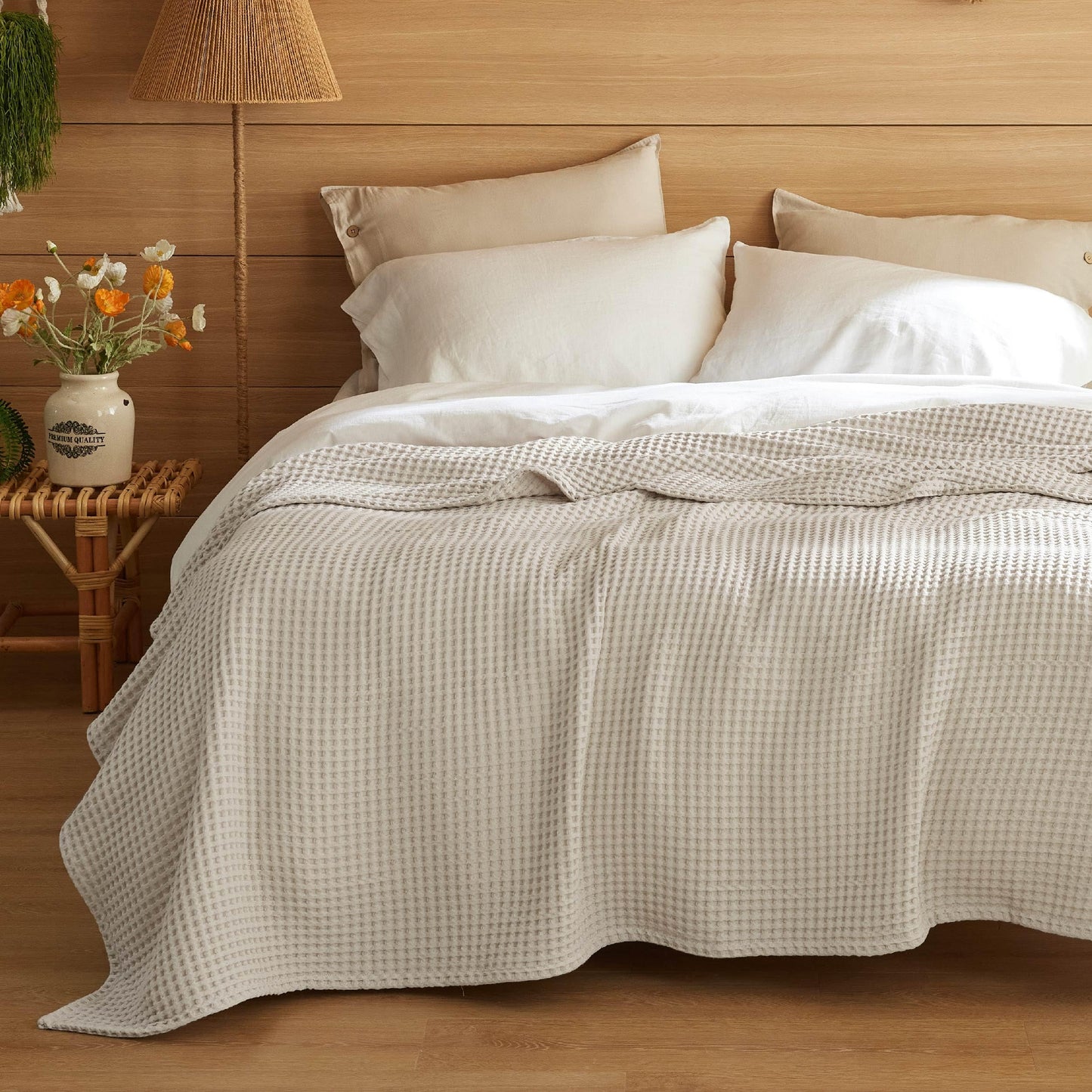Bedsure 100% Cotton Blanket Queen Size for Spring Summer, Waffle Weave Thin Lightweight Breathable Blanket for Bed, Cotton Bedding Room Decor Gifts for Women, Men, Linen, 90" x 90"