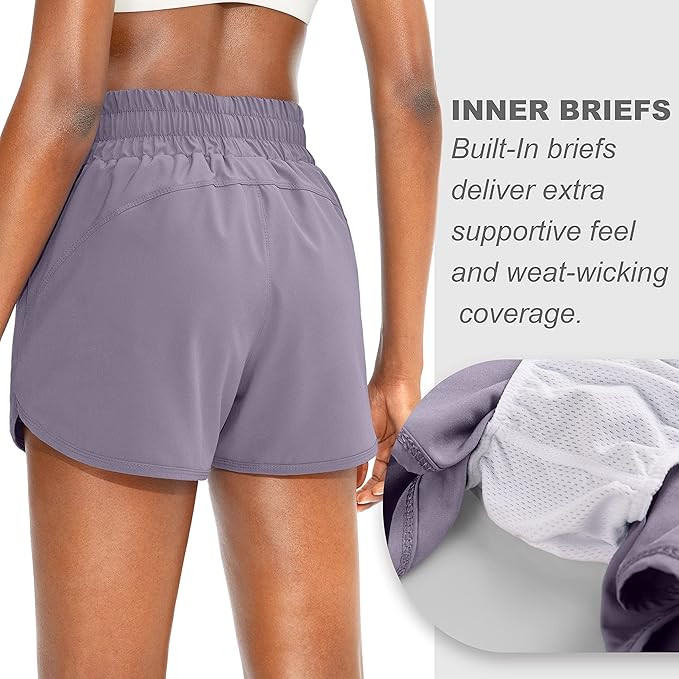 SANTINY Women's Running Shorts with Zip Pockets High Waisted Athletic Workout Gym Shorts for Women with Liner