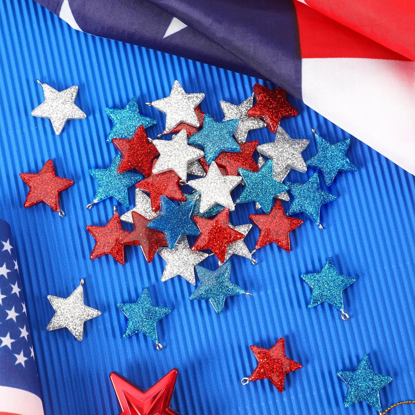DTOFOOT 36PCS Mini Resin Patriotic Star Ornaments 4th of July Hanging Pendants for Small Tree Glitter Blue Red Star Charms with String for Memorial Day Independence Day 250th Anniversary Party Decor