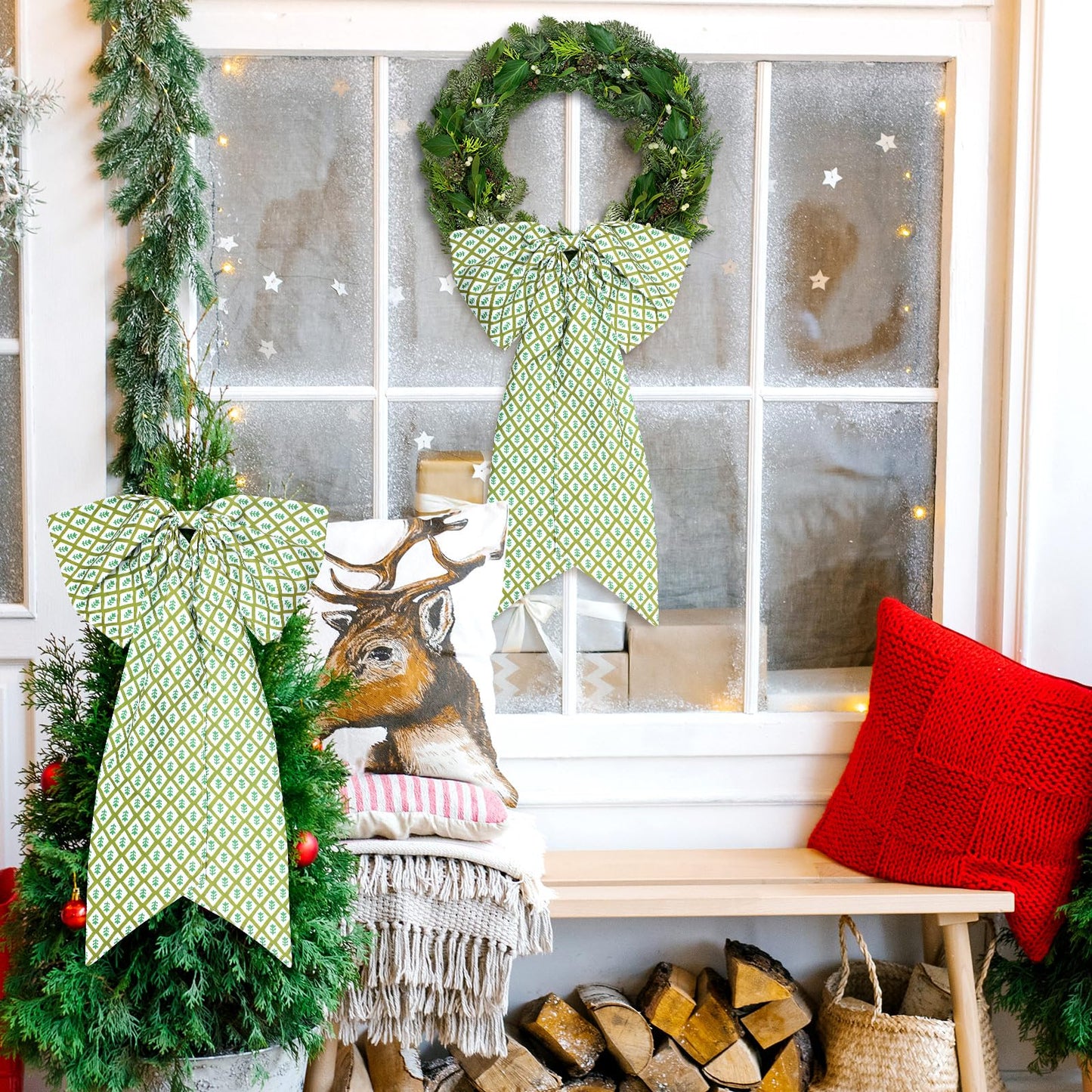 HunnmingRe 2 Pcs Green Block Print Bow Wreath Sash 24 x 16 Inch Christmas Wreath Sash for Front Door Holiday Floral Burlap Bow Accessories for Doorway Indoor Outdoor Garland Home (Green)
