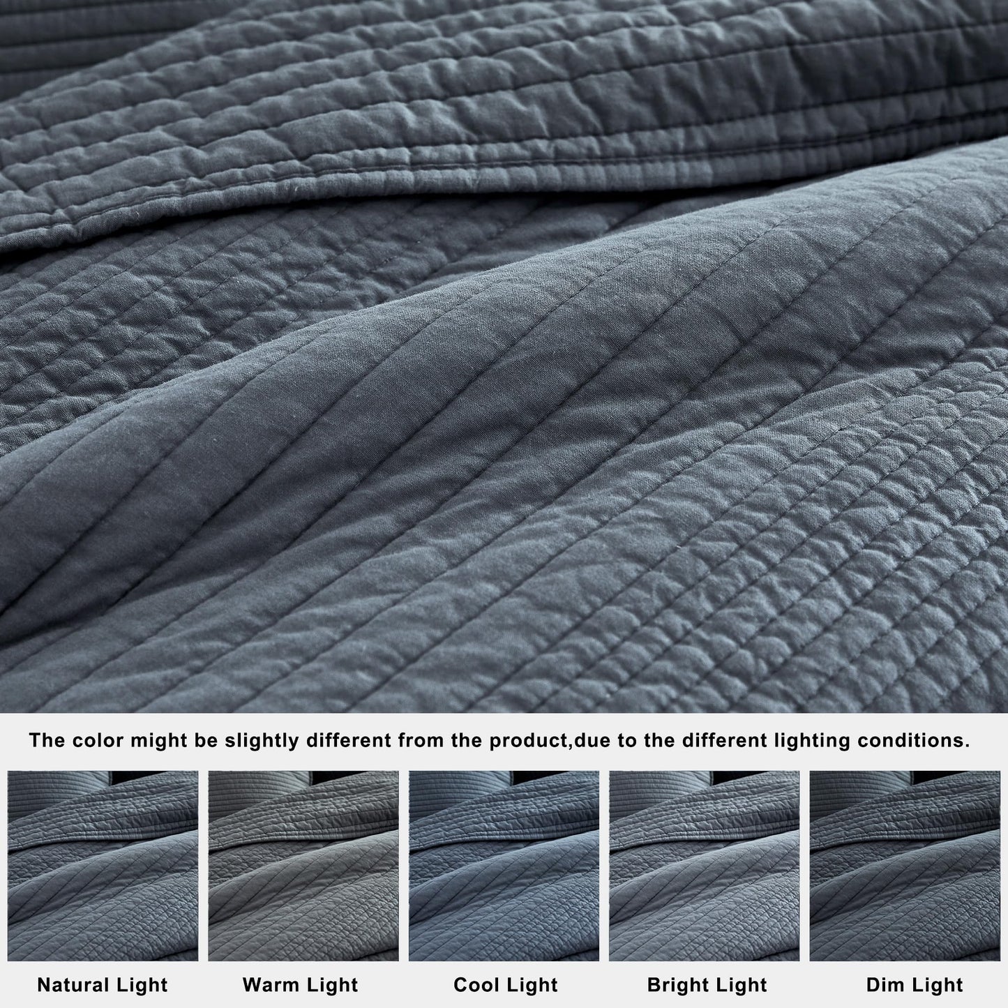 palassio Striped Blue Grey 100% Cotton Quilt Queen Size Bedding Sets, Lightweight Crinkly Channel Pick Stitch Textured Bedspread Soft Shabby Chic Farmhouse Country Coverlet for All Season, 2 Shams