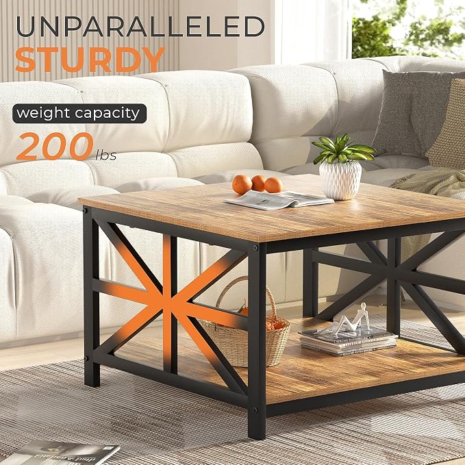 GreenForest Modern Living Room Coffee Table with 2 Tier Storage, Small Square Wood and Metal Farmhouse Center Table with Seamless One-Piece Tabletop, 27.55 Inch, Walnut