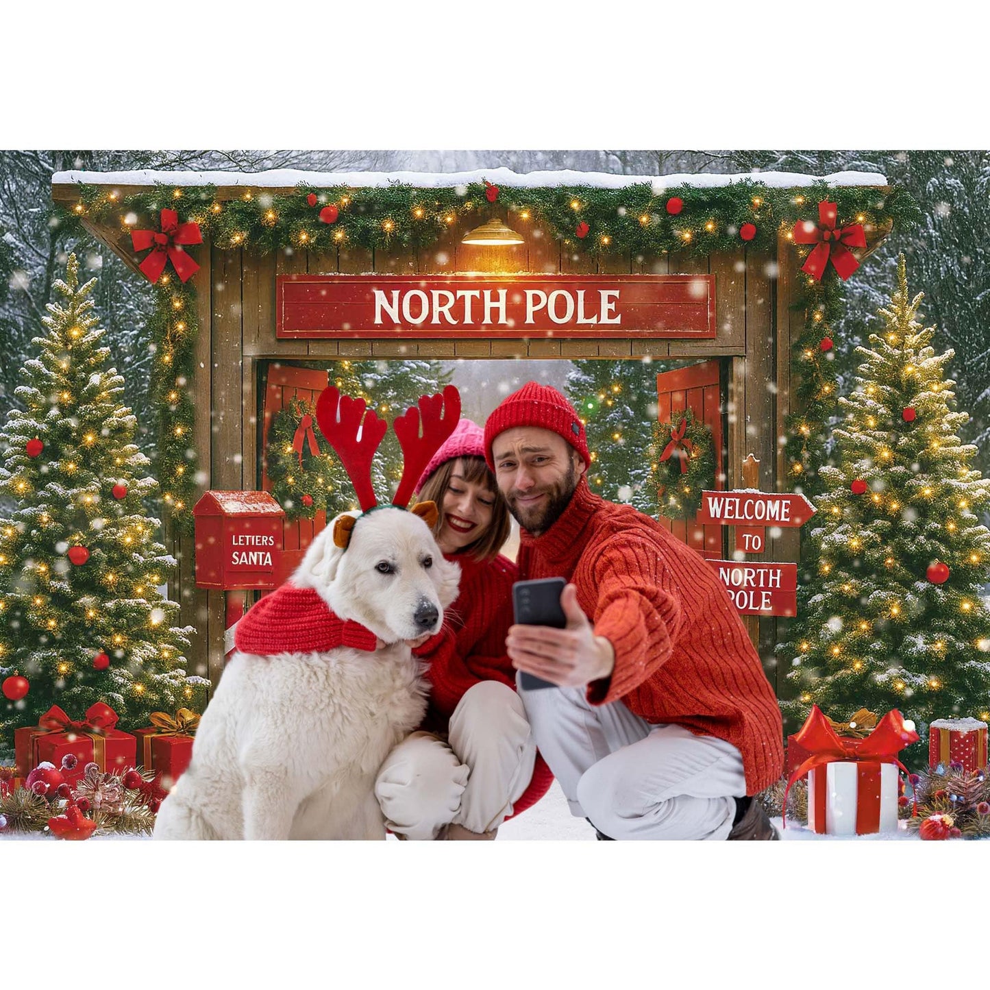 Fluzimir Christmas Photography Backdrop 10x8ft – Rustic Snowy Forest Barn Door with Xmas Tree, North Pole Winter Scene Fabric Photo Background for Family Party, Baby Holiday Photos