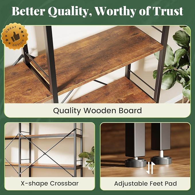 Huuger 6 Tier Bookshelf, L Shaped Corner Bookshelf with Open Shelves, 49.4 Inch Straight Wide Bookcase with Metal Frame and Wooden Board, Adjustable Feet, Rustic Brown