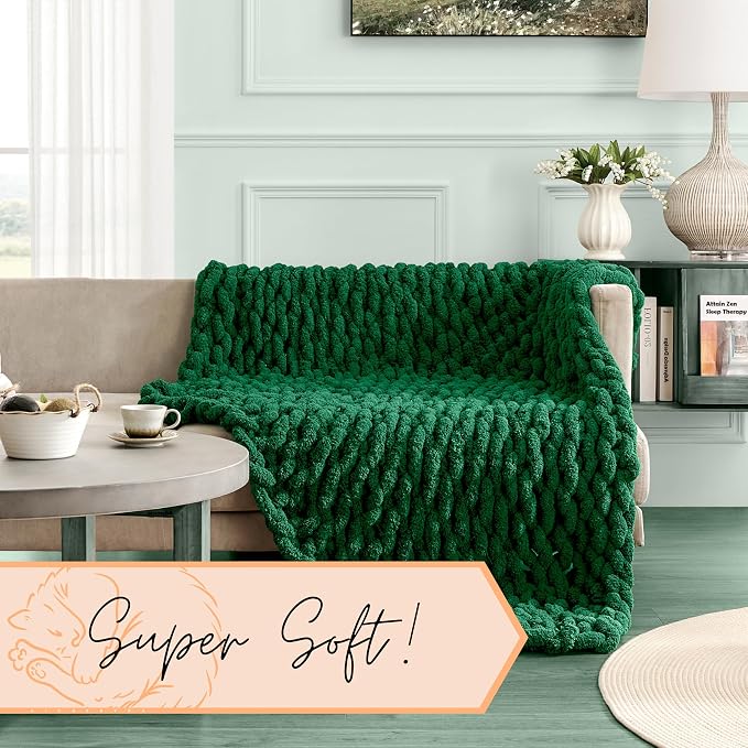 Adyrescia Chunky Knit Blanket Throw | 100% Hand Knit with Jumbo Chenille Yarn (50"x60", Forest Green)