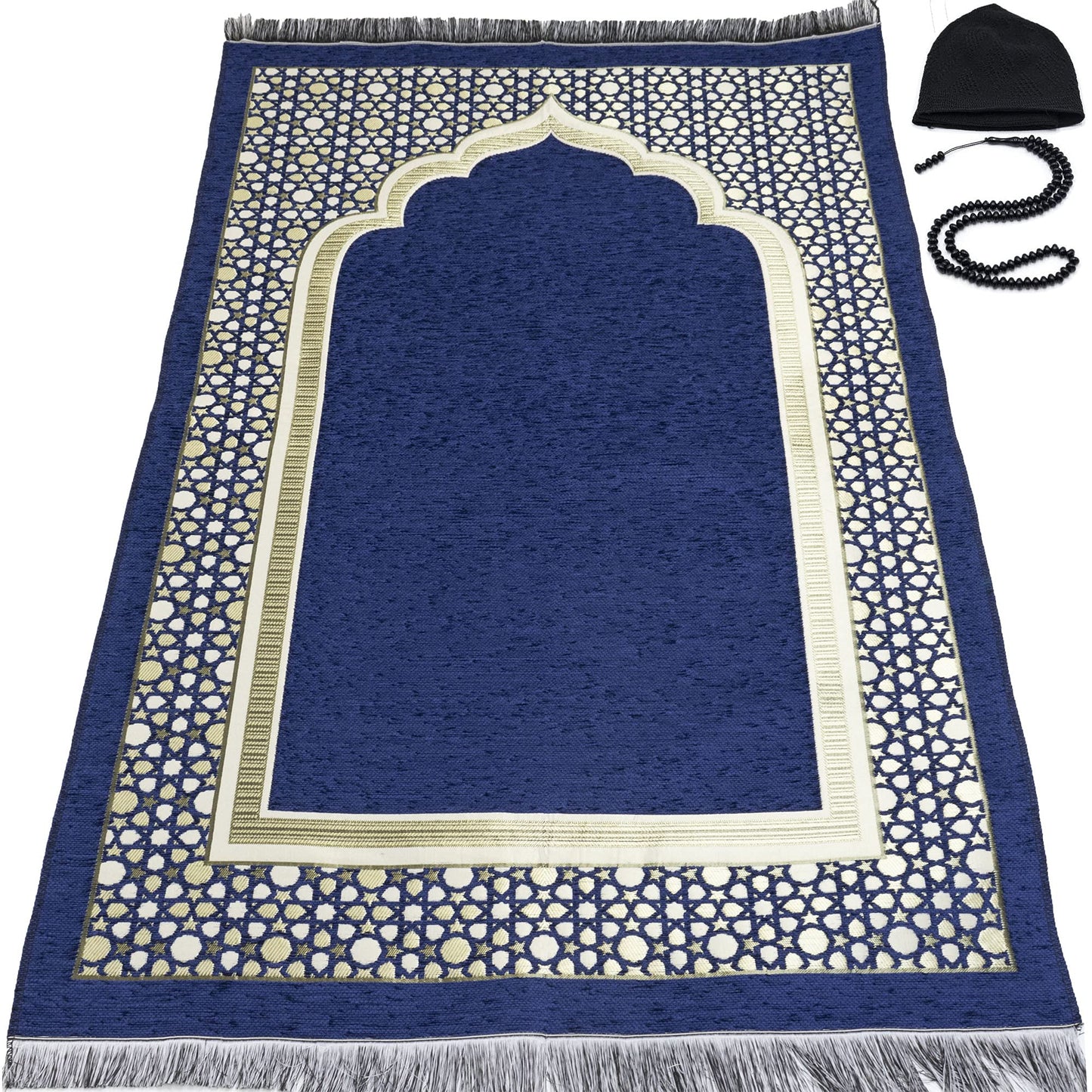 Modefa Turkish Islamic Prayer Mat - Thin Woven Chenille Sajjadah - Intricate Praying Rug Ramadan Eid Gift - Traditional Muslim Janamaz Sajada for Men Women - Geometric Selcuk Star (Royal Blue)