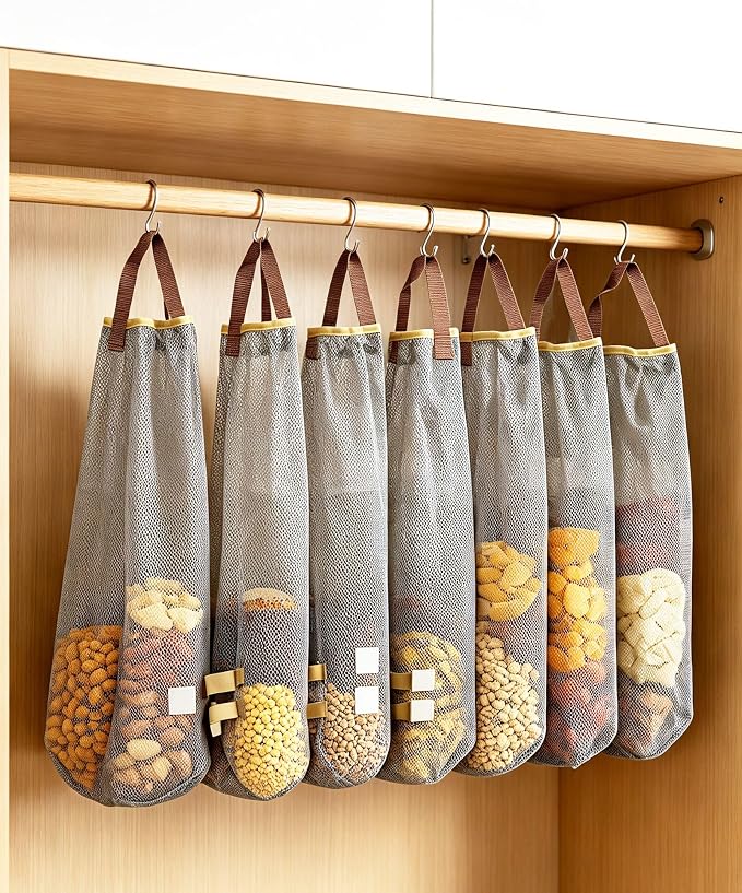 Ahyuan Hanging Mesh Storage Bags 5 Pack Onion Garlic Potatoes Net Mesh Bag Long and Large Reusable Net Produce Bags for Fruit Veggies Garbage Bag for Home RV Camper (Gray)