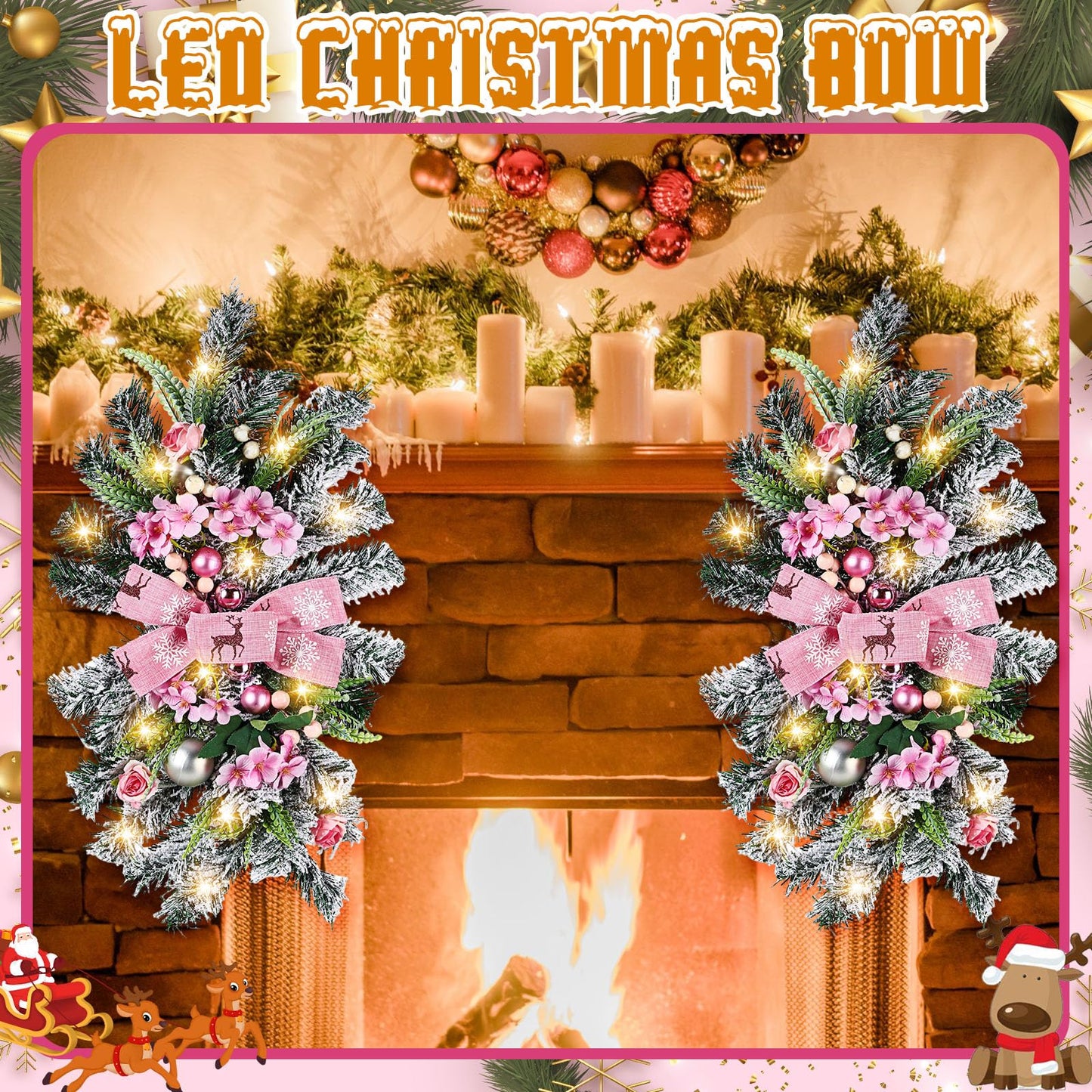 Lyrow 4 Pcs Cordless Prelit Christmas Artificial Swags 24" Xmas Stairway Swag Teardrop Trim with Timer Christmas Staircase Decoration Battery Operated Garland for Indoor Outdoor Railing Decor, Pink