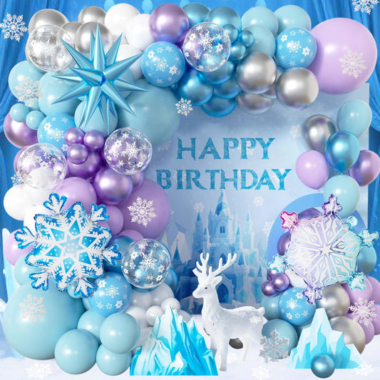 103pcs Winter Wonderland Balloon Garland Arch Kit with Giant 3D Ice Crystal Star & Gradient Snowflake Foils, 18/12/10/5 Inch Metallic Blue Purple Silver Printed Latex for Girls Ice Princess Birthday