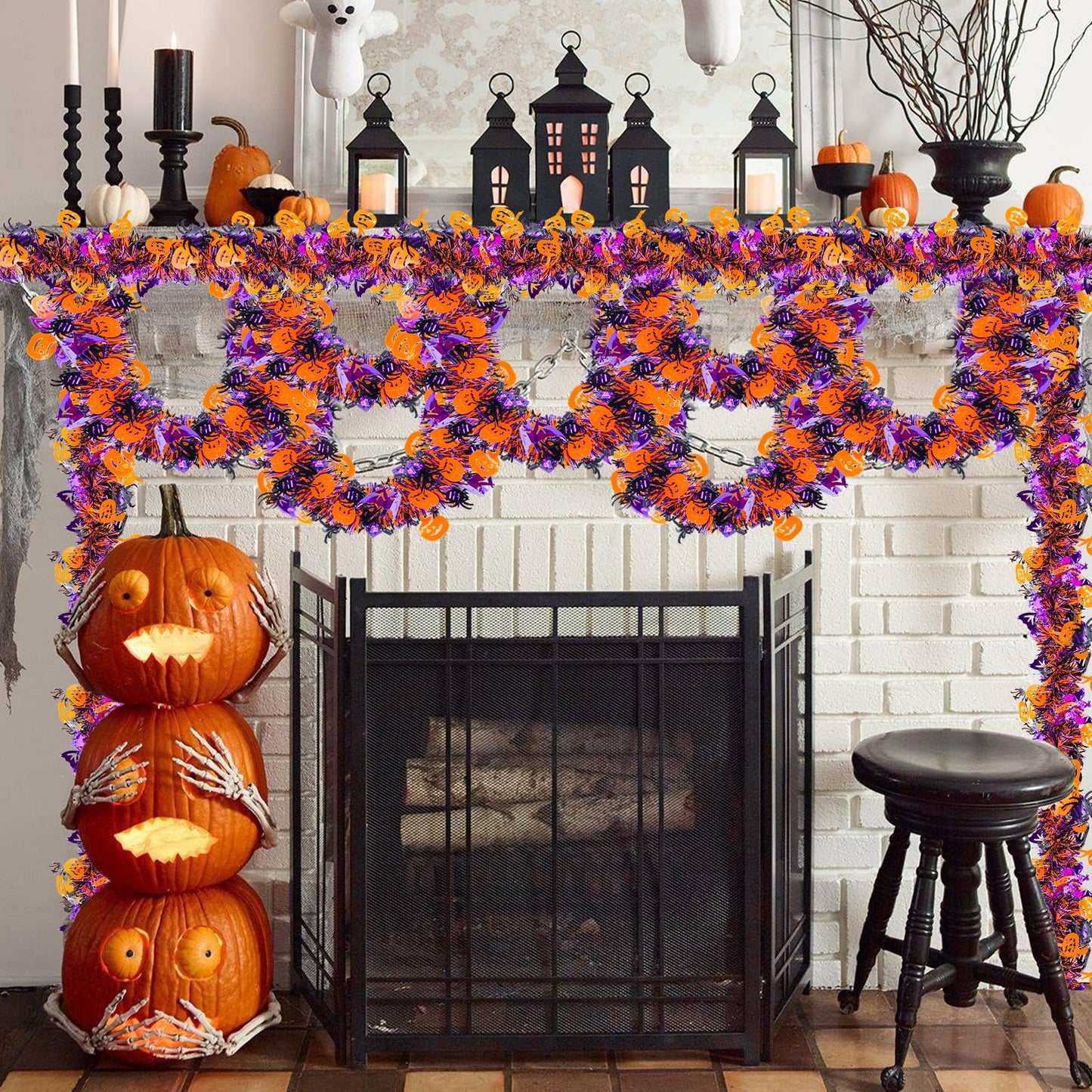 4 Strings Total 26.4 ft Halloween Tinsel Garlands – Each 6.6ft Black Orange Purple Bats Pumpkins Spiders Fringe Garland for Halloween Parties, Haunted House, and Spooky Decorations