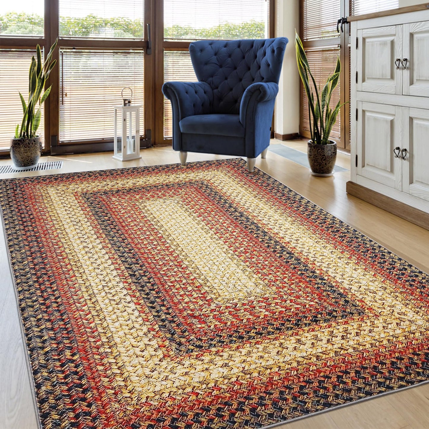 ROYHOME Braided Print Area Rugs Washable Rug 4x6 Boho Aesthetic Carpet Modern Geometric Rug Bohemian Floor Cover Distressed Throw Rugs for Living Room Bedroom Nursery Kitchen, Red