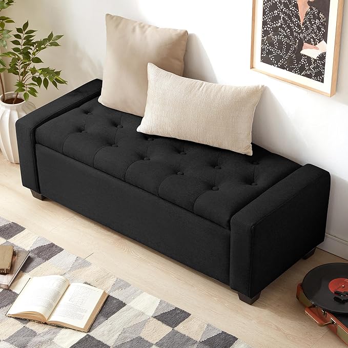 Huatean Home 48" Ottoman with Storage, Black Storage Ottoman Bench with Safety Hinge, Upholstered Entryway Bench with Seating for Bedroom, Living Room, Holds up to 330 lb