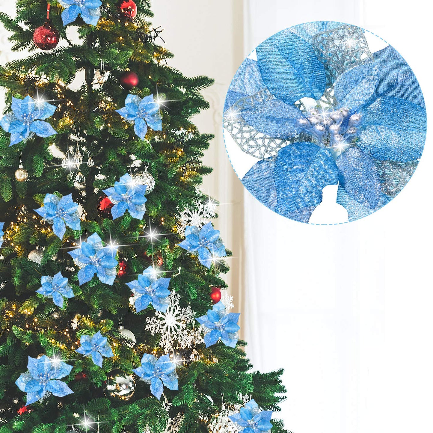 Boao 24 Pieces Christmas Artificial Glitter Poinsettia Flowers Xmas Flowers Wedding Christmas Tree New Year Ornaments(Blue)