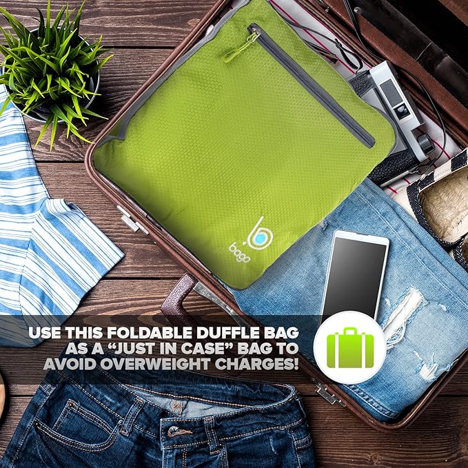 Bago Foldable Duffel Bags for Traveling Women & Men - 60L Medium Packable Duffle Bag for Travel with Shoe Compartment - Water Repellant, Heavy Duty, Lightweight Folding & Collapsible (Green)