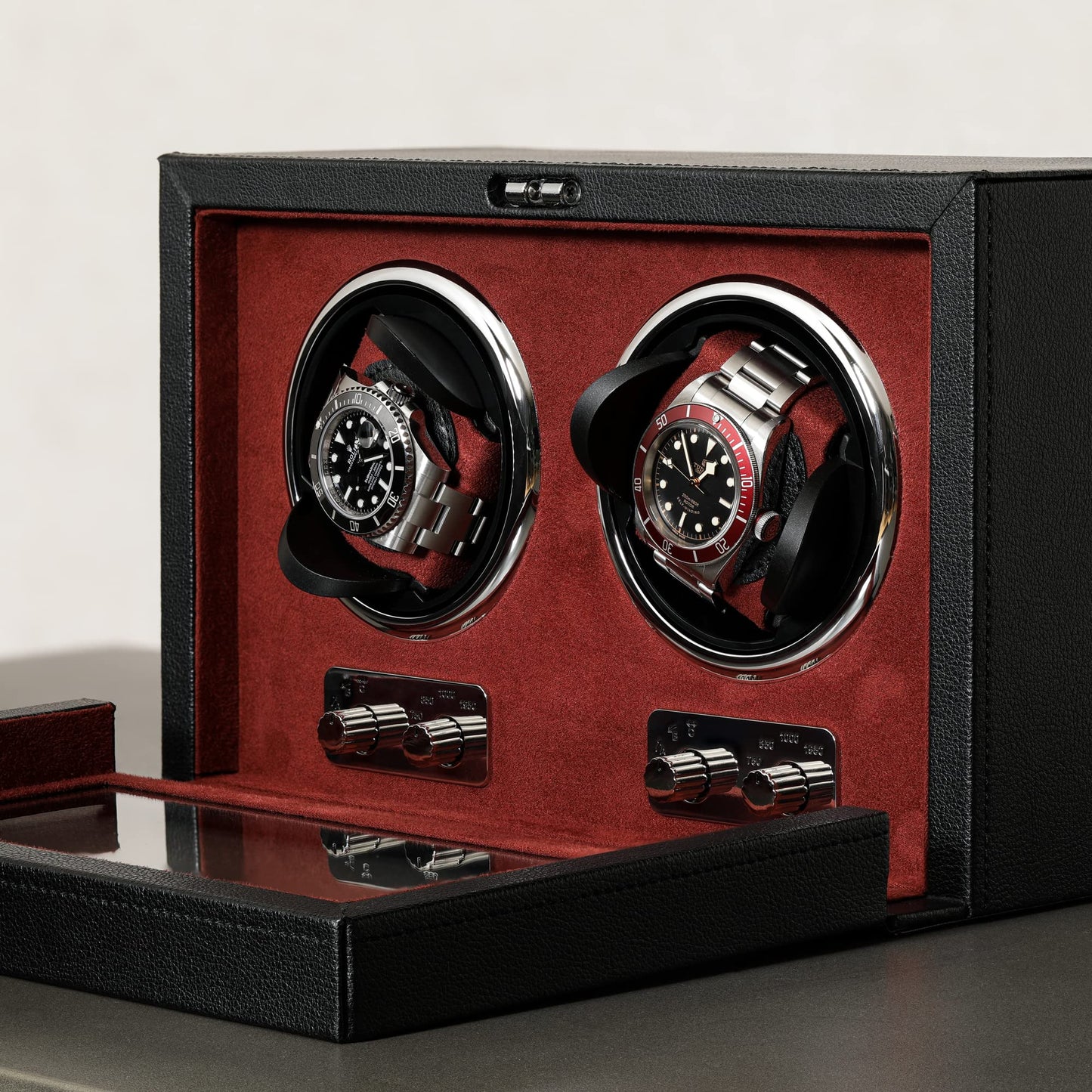 Gift Set 12 Slot Leather Watch Box with Valet Drawer & Matching Double Watch Winder - Luxury Case Display Organizer, Locking Mens Jewelry Watches Holder, Men's Storage Boxes Glass Top Black/Red