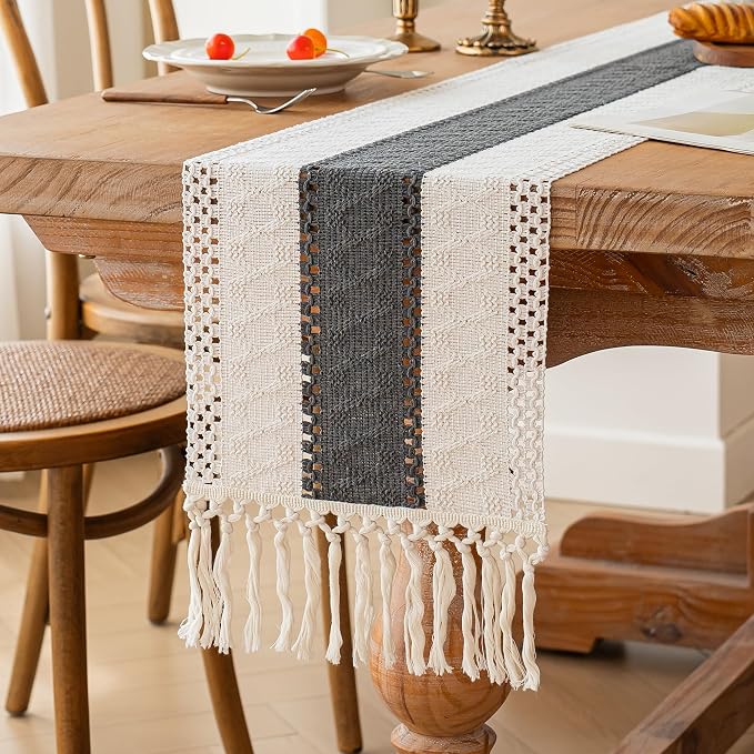 FEXIA Boho Table Runner for Summer Home Decor with Tassels 108 Inches Long Farmhouse Grey Rustic Burlap Table Runner Macrame Table Decoration for Kitchen Bedroom Living Room (12x108 Inches)