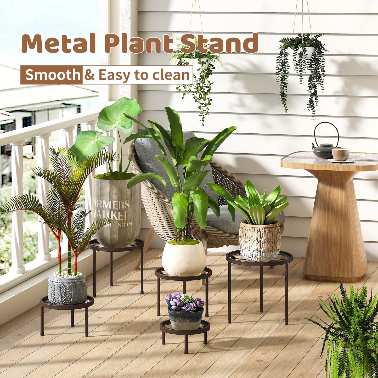 Plant Stand Indoor Outdoor 5 Pack Heavy Duty Metal Stand Multiple Plants, Anti-Rust Iron Flower Pot Stand Decoration Racks Plant Pot Shelf for Living Room Garden Balcony (Brown)