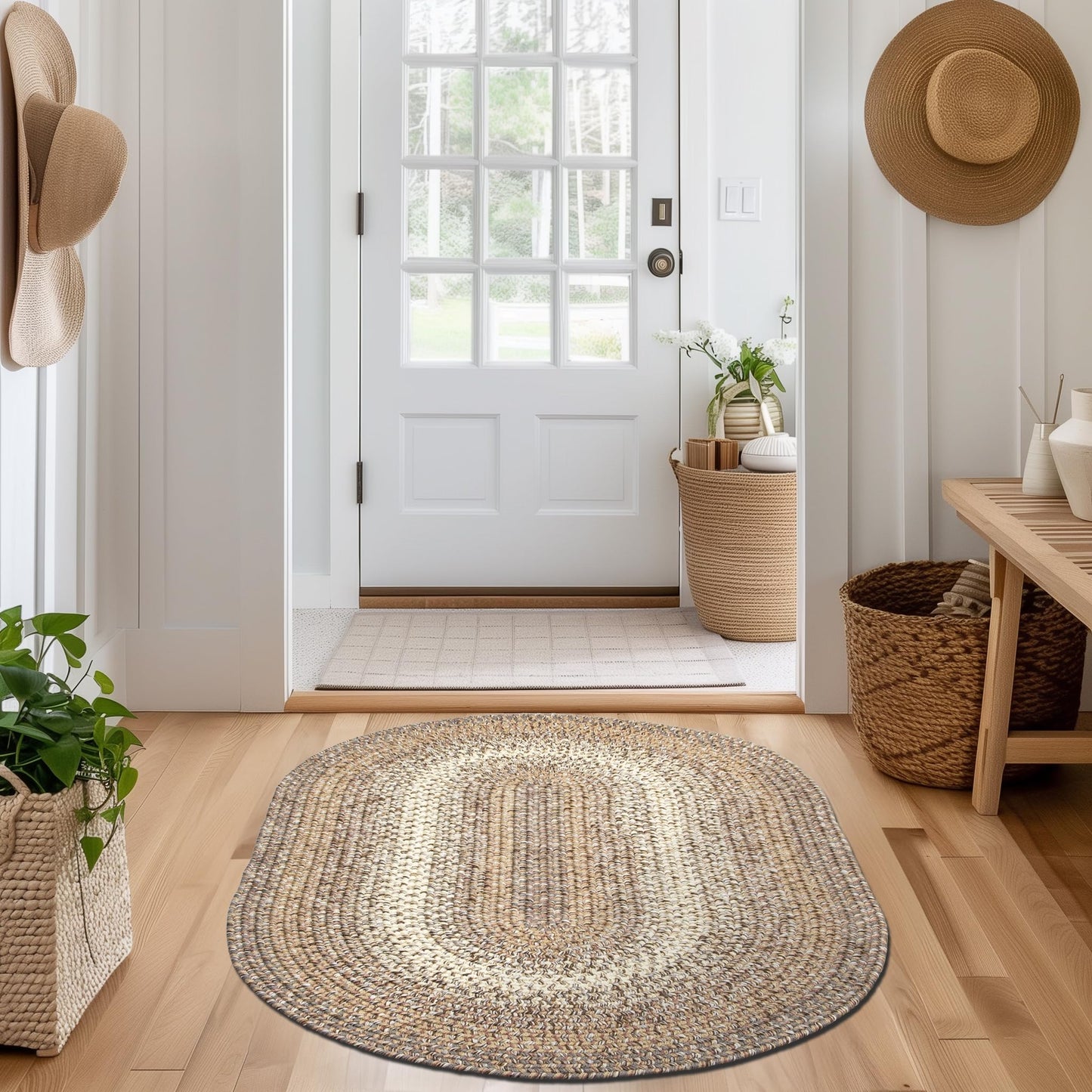 Super Area Rugs Braided Rugs 3X5 Farmhouse Kitchen Rug - Ridgewood Braided Rug for Living Room - Reversible - Indoor/Outdoor - Made in USA - Taupetone/Beige, 3' X 5' Oval
