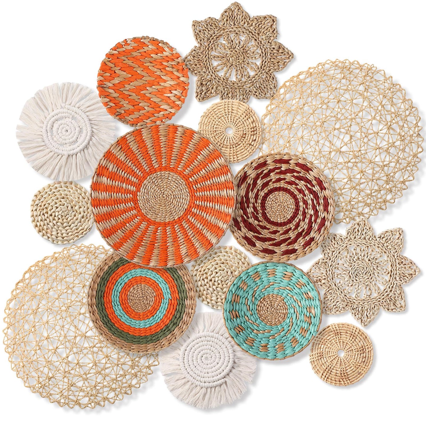 Anglechic 15 Pcs Boho Wall Basket Decor Woven Rattan Seagrass Wall Decor Hanging Rustic Farmhouse Western Art Decoration for Nursery Living Room Bedroom Home Kitchen(Orange Style)