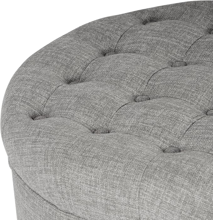Homepop Home Decor |Button Tufted Woven Round Storage Ottoman | Ottoman with Storage for Living Room & Bedroom (Gray Woven)