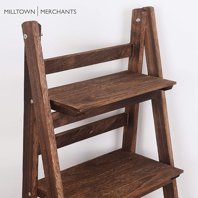 Ladder Shelf - Wooden Ladder Bookshelf - Leaning Bookshelf - Rustic Bookcase - Folding Bookcase (Dark Brown Ladder Shelf)