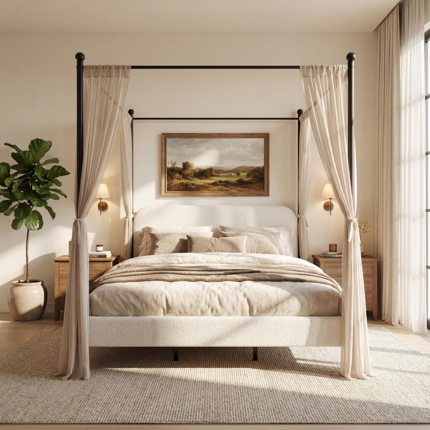 Christopher Knight Home King Size Upholstered Canopy Bed Frame with Boucle Fabric, Curved Headboard and Iron Legs, Modern Platform Bed Frame with Slats No Box Spring Needed, White