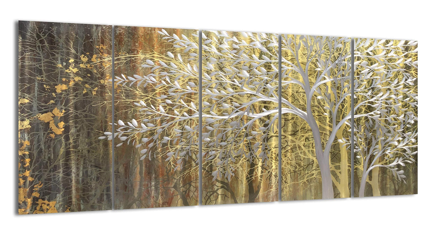 Yihui Arts Gold Metal Wall Art Handcrafted Tree on Aluminum Artwork Modern Forest Pictures with 3D for Living Room Bedroom Kitchen Decor