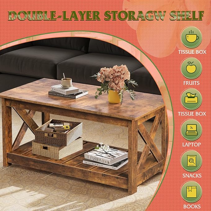 WLIVE Coffee Table, 40.1" Farmhouse Coffee Table with Slatted Storage Shelf & X-Shape Frame, 2-Tier Wood Center Table for Living Room, Balcony, Retro Brown