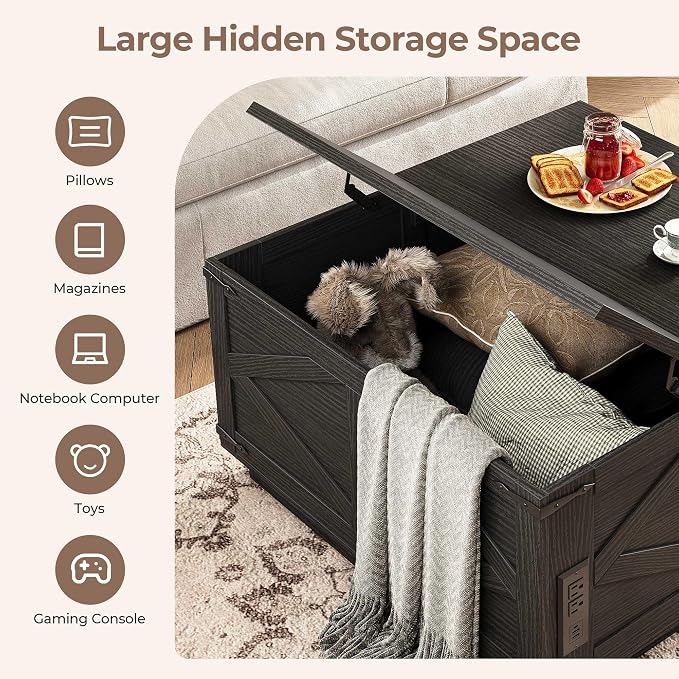 Jocoevol Farmhouse Lift Top Coffee Table, Square Wood Center Table with LED Lighting, USB-C Charging Station, and Hidden Storage Compartment - Rustic Black Living Room Furniture