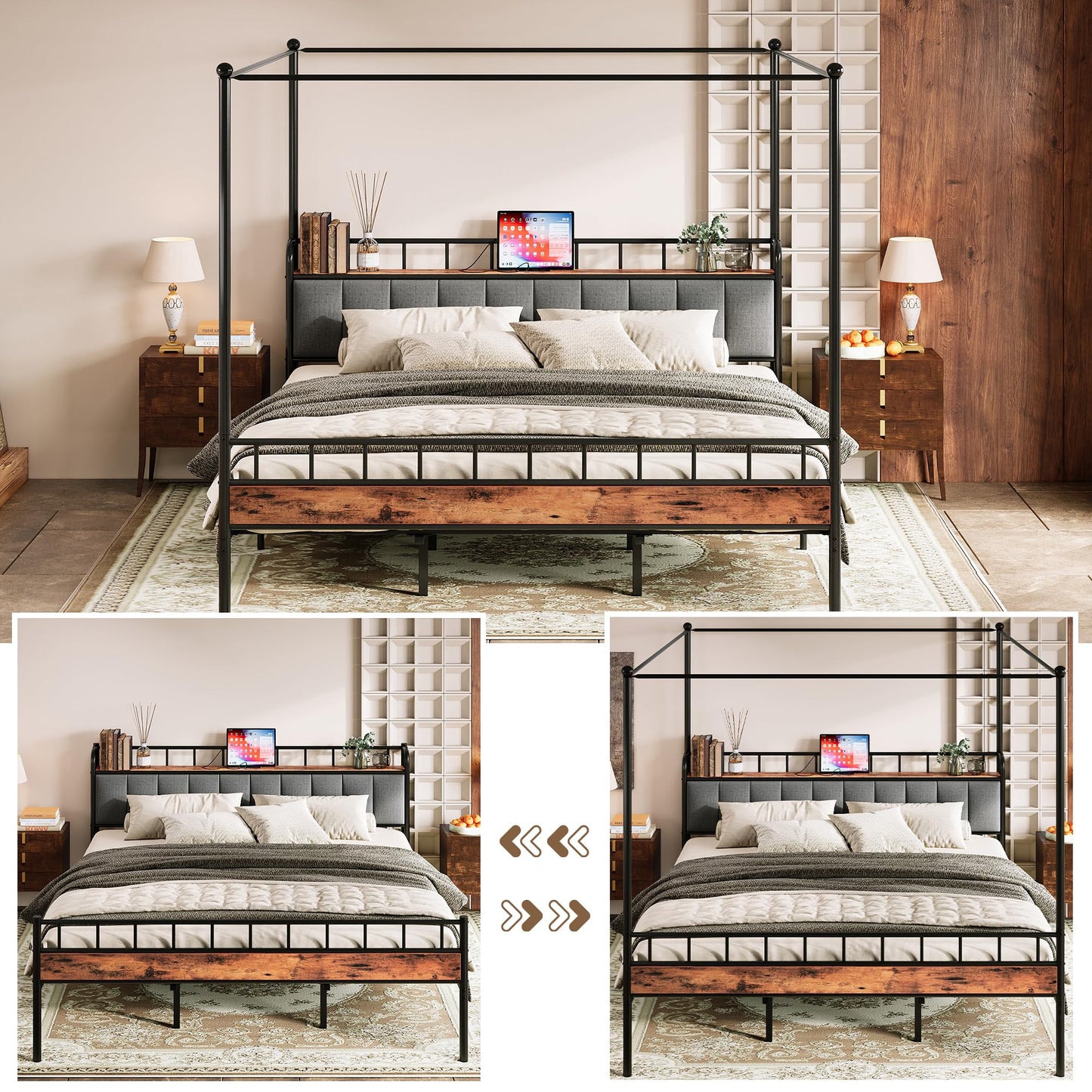 LIKIMIO Canopy Bed Frame King, Storage Headboard with Charging Station, Platform Bed with 4 Removable Sturdy Posts, Noise Free, No Box Spring Needed, Vintage Brown
