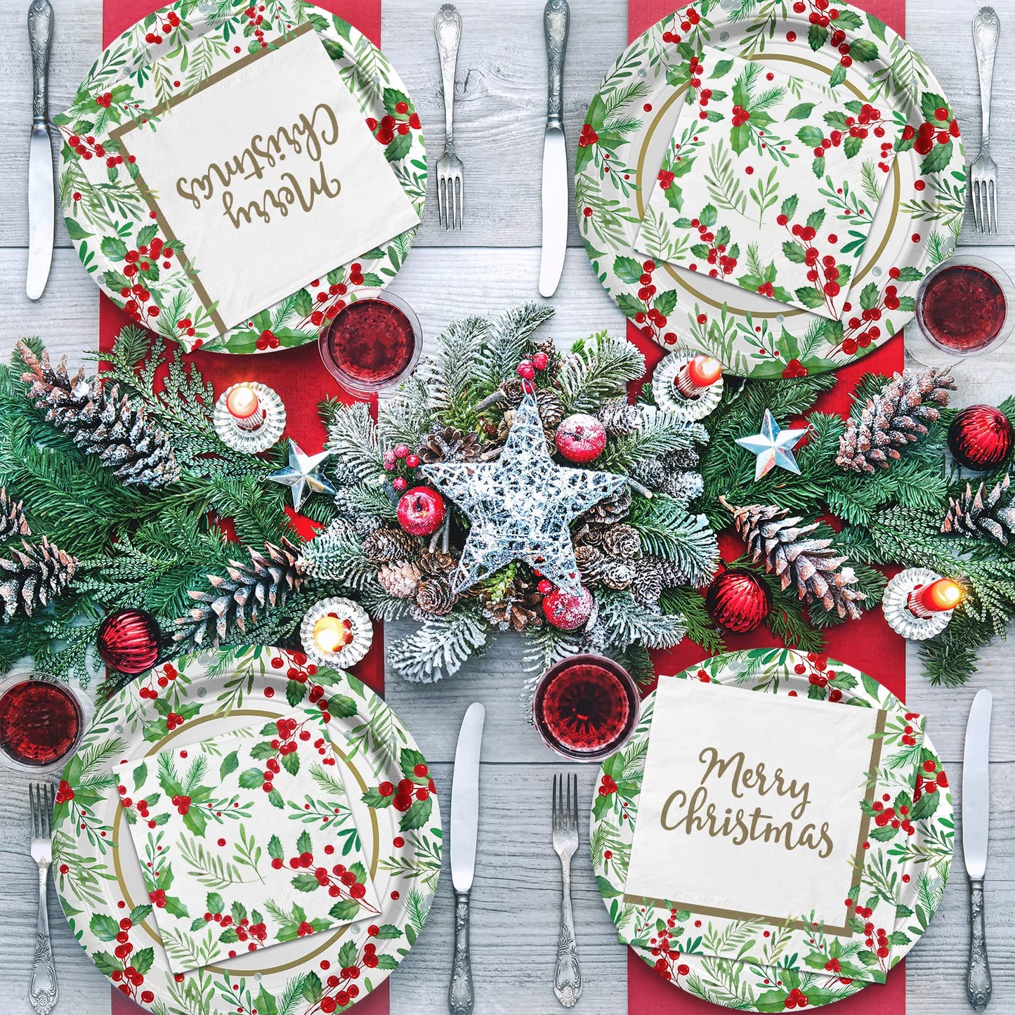 Christmas Party Supplies, Serve 50, Christmas Seasonal Holly Tableware Includes: Paper Dinner Plates, Dessert Plates, Luncheon Napkins and Beverage napkins, Great for Party Decorations