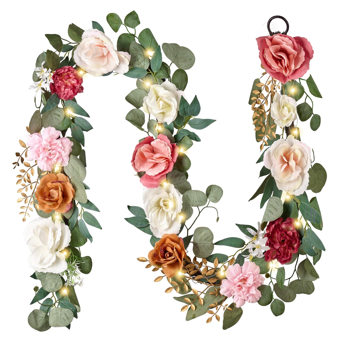 Valery Madelyn Pre-Lit Spring Flower Garland for Mantle with Lights, 6 feet Fake Roses Artificial Floral Vines Hanging Garland Decorations for Mothers Day Wedding Anniversary Party Table Home Decor