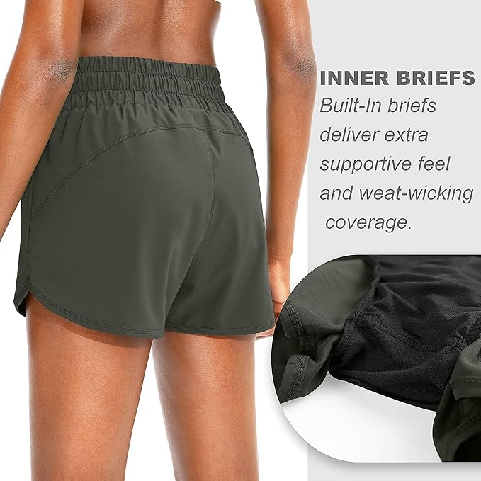 SANTINY Women's Running Shorts with Zip Pockets High Waisted Athletic Workout Gym Shorts for Women with Liner