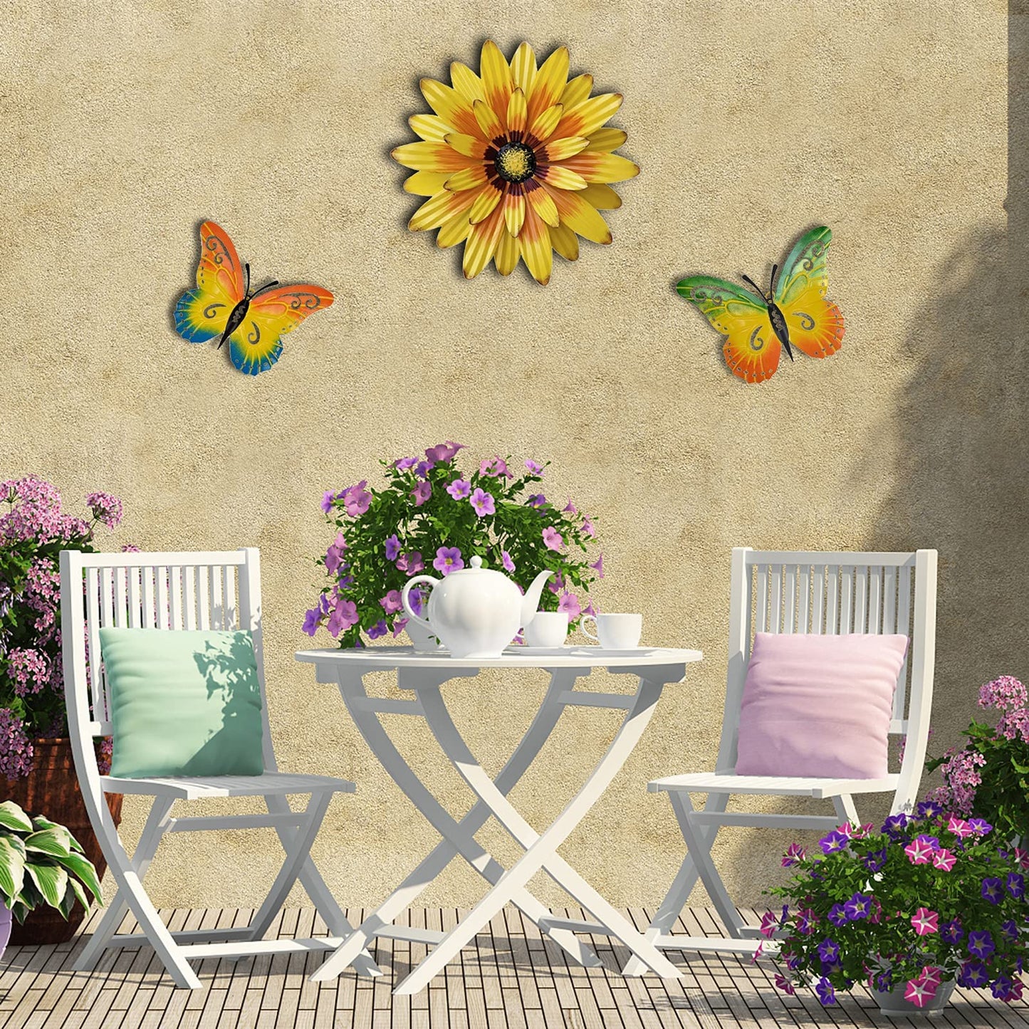 Meduofon Metal Flowers Wall Decor and Butterfly Wall Art, 3 Pack Metal Outdoor Wall Art Decor, Fence Art Wall Sculptures for Indoor Outside Garden Patio Decorations (Yellow&Green)