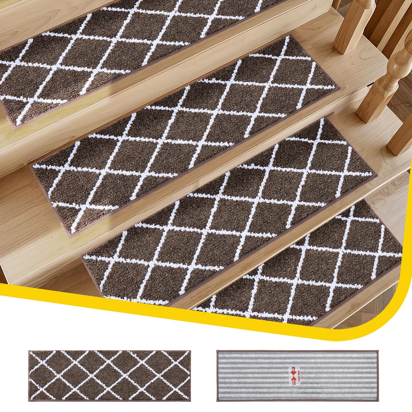 Non-Slip Stair Treads for Wooden Steps Indoor, 15 Pack 9" X 28" Edging Stair Carpet Mat with TPE Backing, 0.4" Thick Stair Runners for Kids Elders & Pets, 100% Polyester Stair Rugs, Brown&White