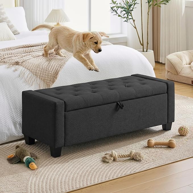 Huatean Home 43" Ottoman with Storage, Storage Ottoman Bench with Safety Hinge, Upholstered Entryway Bench with Seating for Bedroom, Living Room, Holds up to 330 lb, Dark Gray