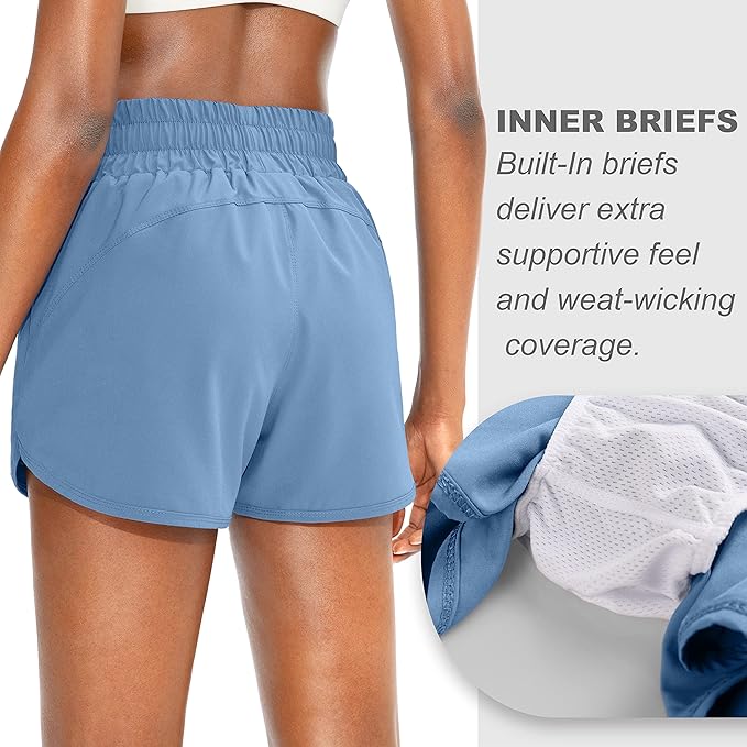 SANTINY Women's Running Shorts with Zip Pockets High Waisted Athletic Workout Gym Shorts for Women with Liner