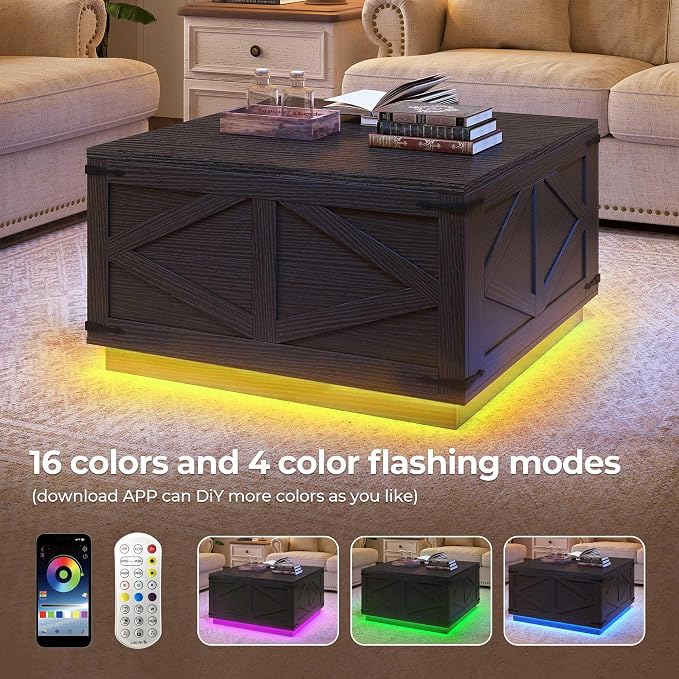 Jocoevol Farmhouse Lift Top Coffee Table, Square Wood Center Table with LED Lighting, USB-C Charging Station, and Hidden Storage Compartment - Rustic Black Living Room Furniture