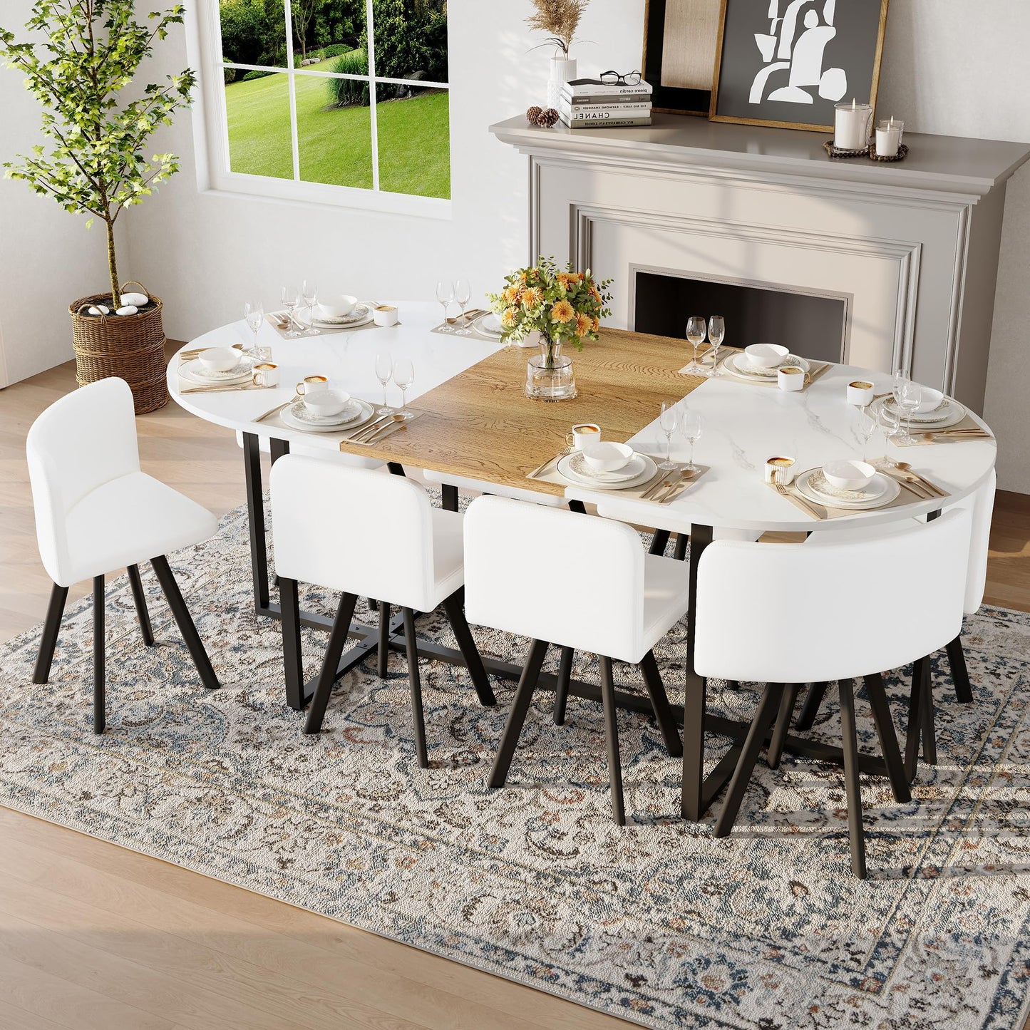 KEIKI 9-Piece Dining Table Set for 8, 78.7" Large Extendable Kitchen Table Set with 8 PU Leather Chairs, Modern Oval Wooden Table with Faux Marble Tabletop for Gatherings, Dining Room, Double White
