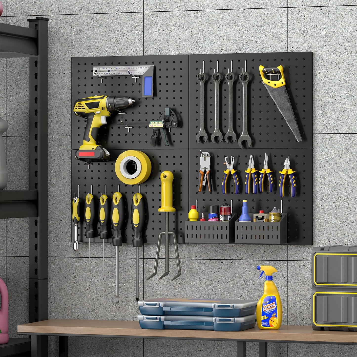 GEDELITE 74PCS Pegboard Wall Organizer, 4 Pack Metal Pegboard Panels with 70 Hooks, 32" x 24" or 64" x 12" Black Peg Board for Walls, Garage, Craft Room, Cold-Rolled Steel