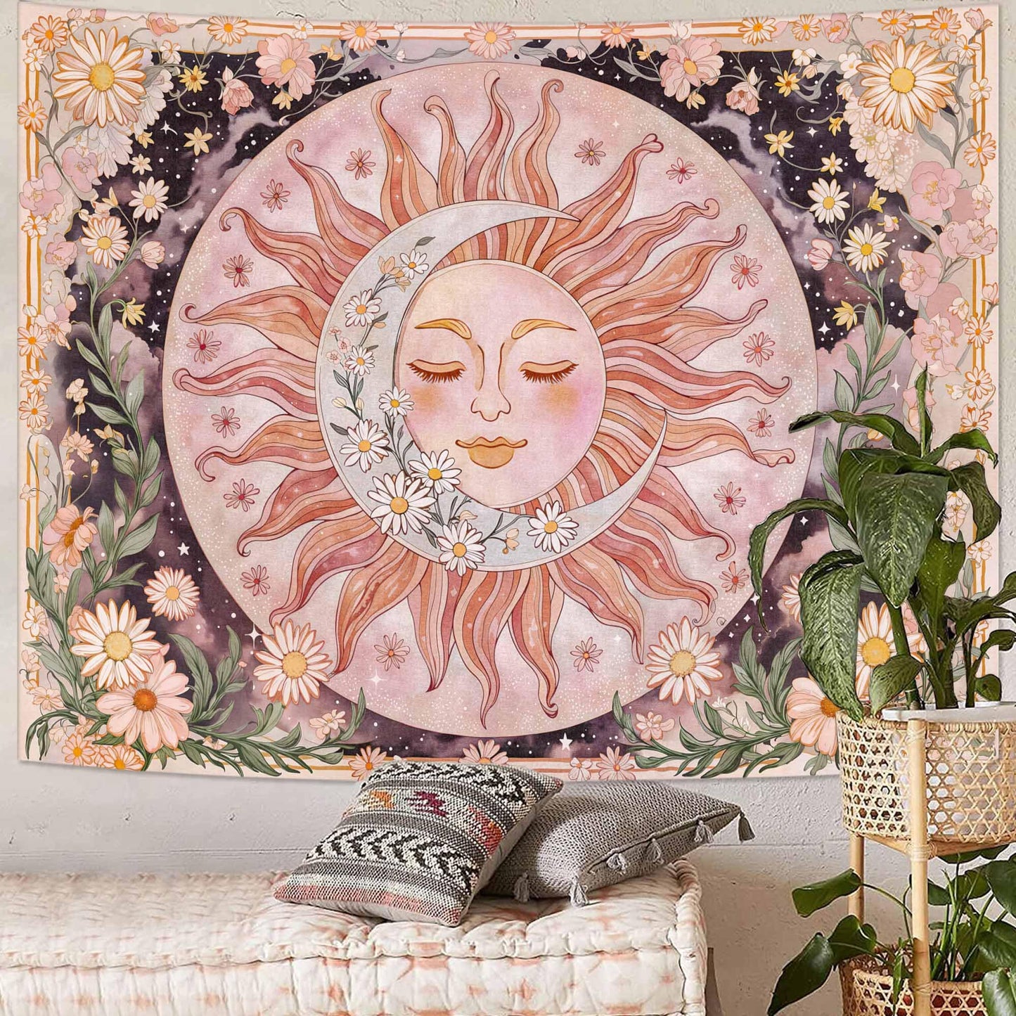 Neasow Sun Moon Daisy Tapestry, Boho Aesthetic Floral Wall Art, Pink Hippie Decor for Living Room Bedroom Home, 36x48 inches