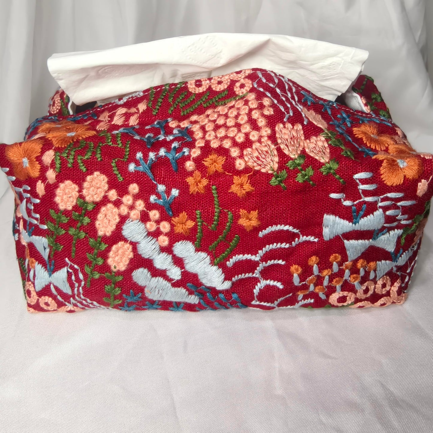 Floral Pattern Tissue Box Cover, Burgundy Red with Embroidered Design