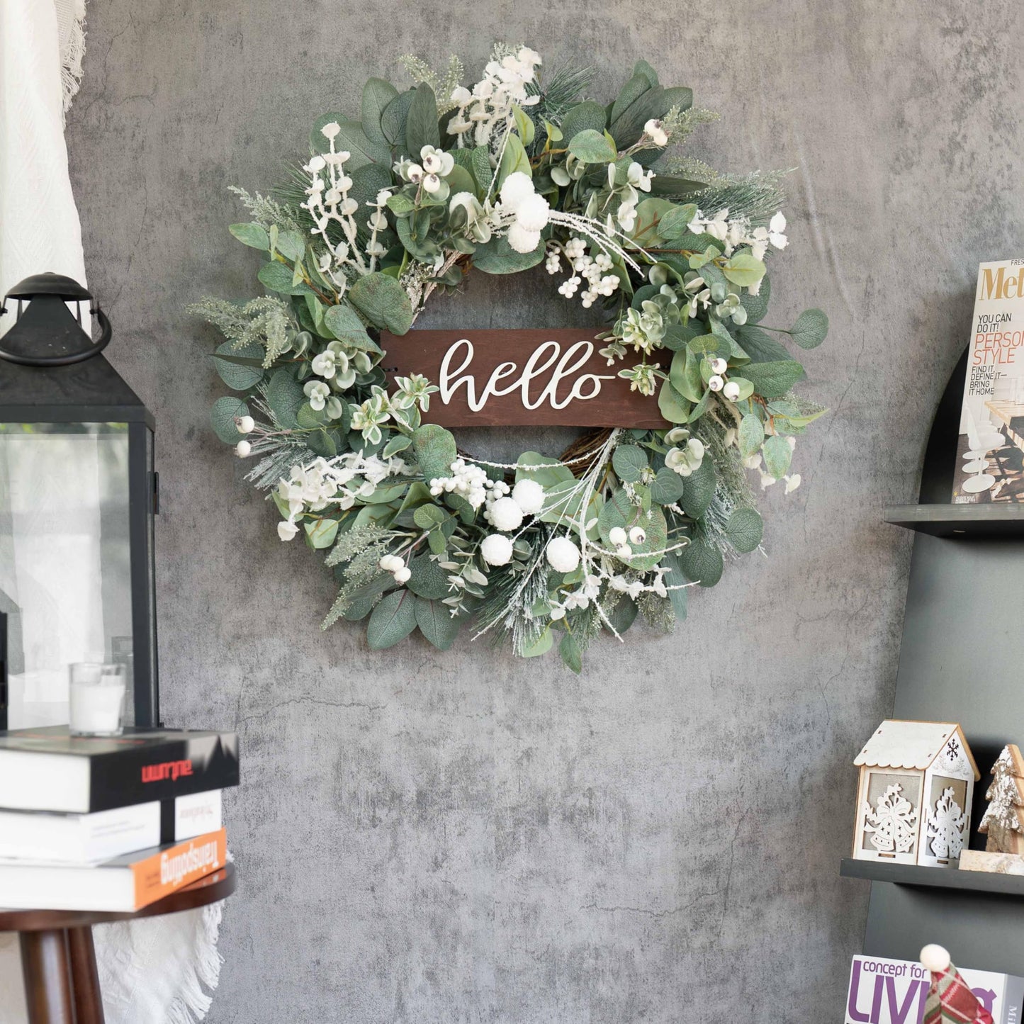 Winter Wreaths Front Door, Soomeir 24 Inch Winter Door Wreath with Snow Leaves, Pines Needles and Hello Wooden Sign for Home Window Mantle Indoor Outdoor Decor